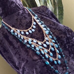 Elegant Gold and Teal Bib  Layered Necklace 34 In Long